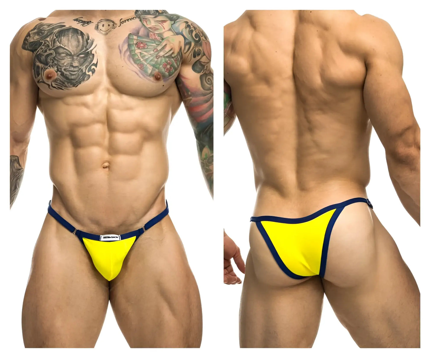 Bright yellow and navy blue JUSTIN+SIMON XSJ12 bikini thong with a small white label at the front