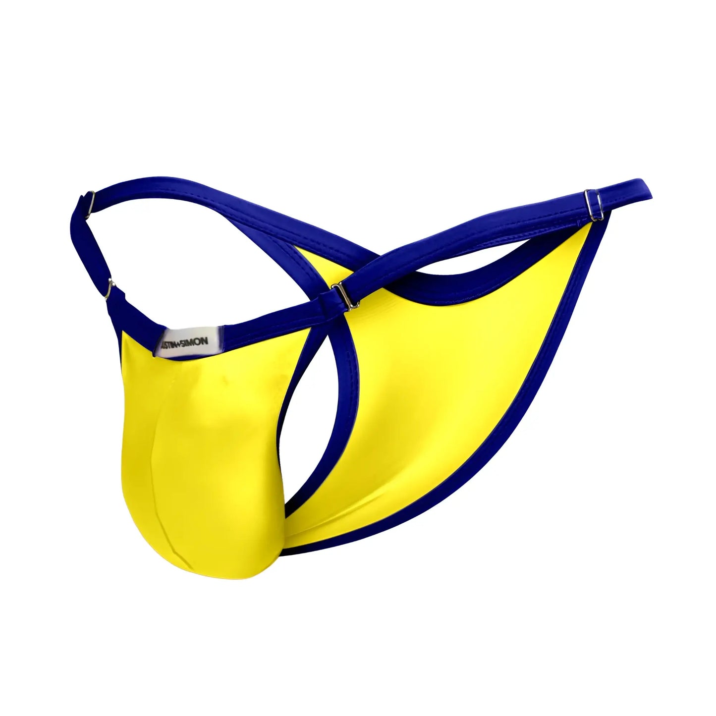Justinsimon xsj12 bikini satin thong in bright yellow and royal blue with a sleek modern design