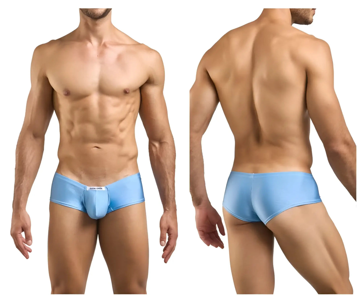 Light blue form-fitting mens briefs with smooth stretchy fabric and small white front label in justin simon xsj13 cheeky bulge boxer