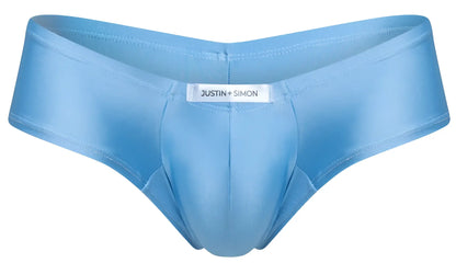Light blue satin cheeky bulge boxer briefs with justin + simon brand label in baby blue color