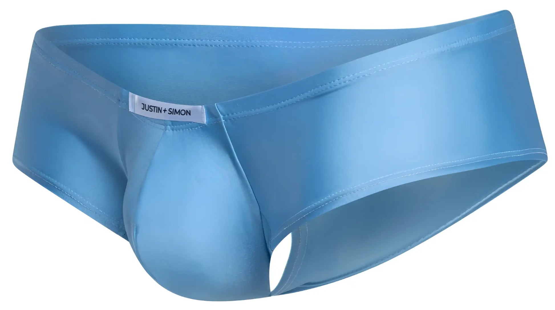 Light blue satin cheeky bulge boxer with smooth glossy finish and justin simon branded tag visible