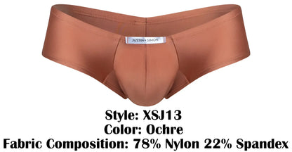 Ochre-colored form-fitting cheeky bulge boxer briefs made from 78 percent nylon and 22 percent spandex by justin simon