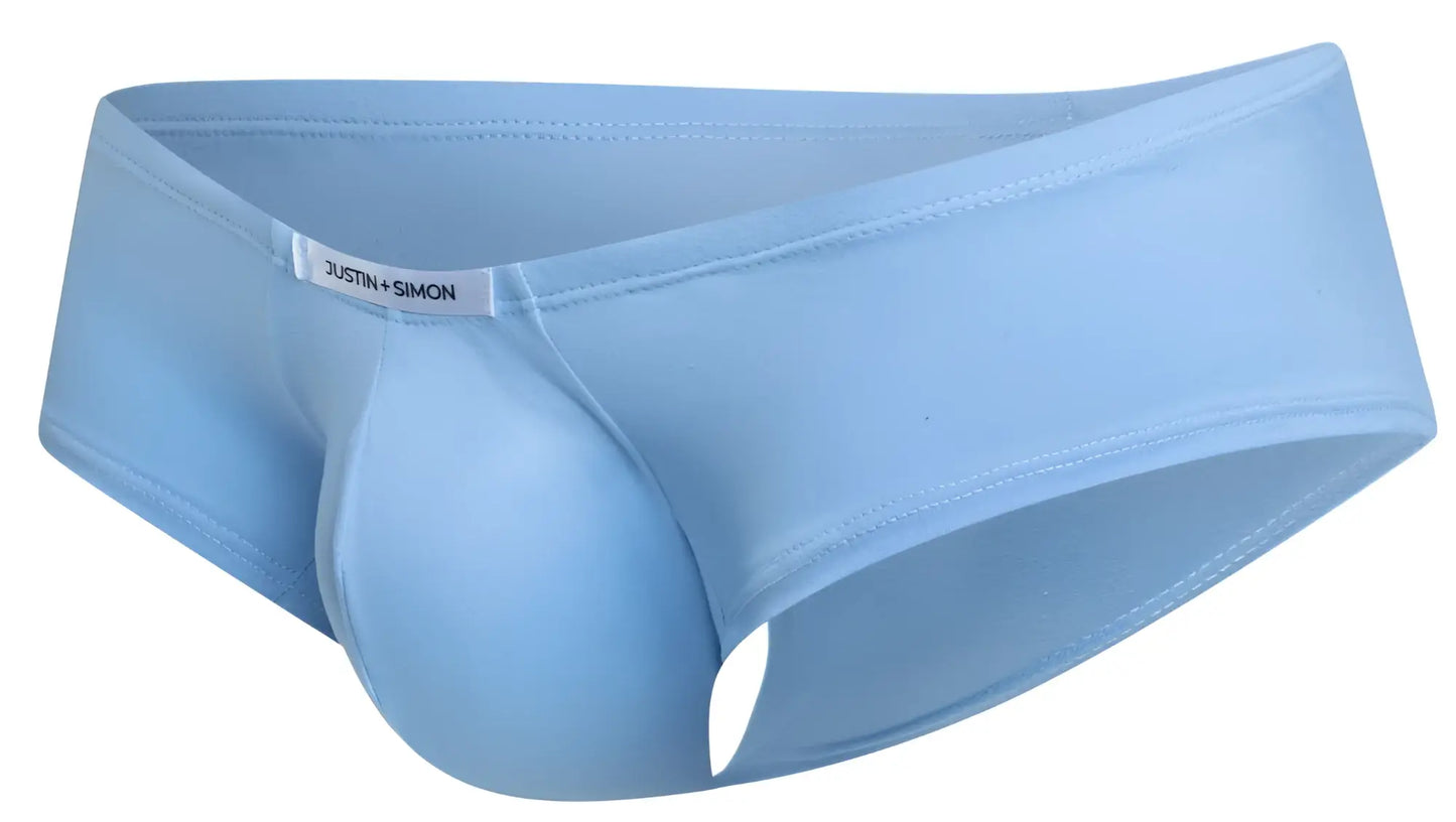 Light blue justin simon men’s briefs with a smooth seamless design from the cheeky bulge boxer peach blue line