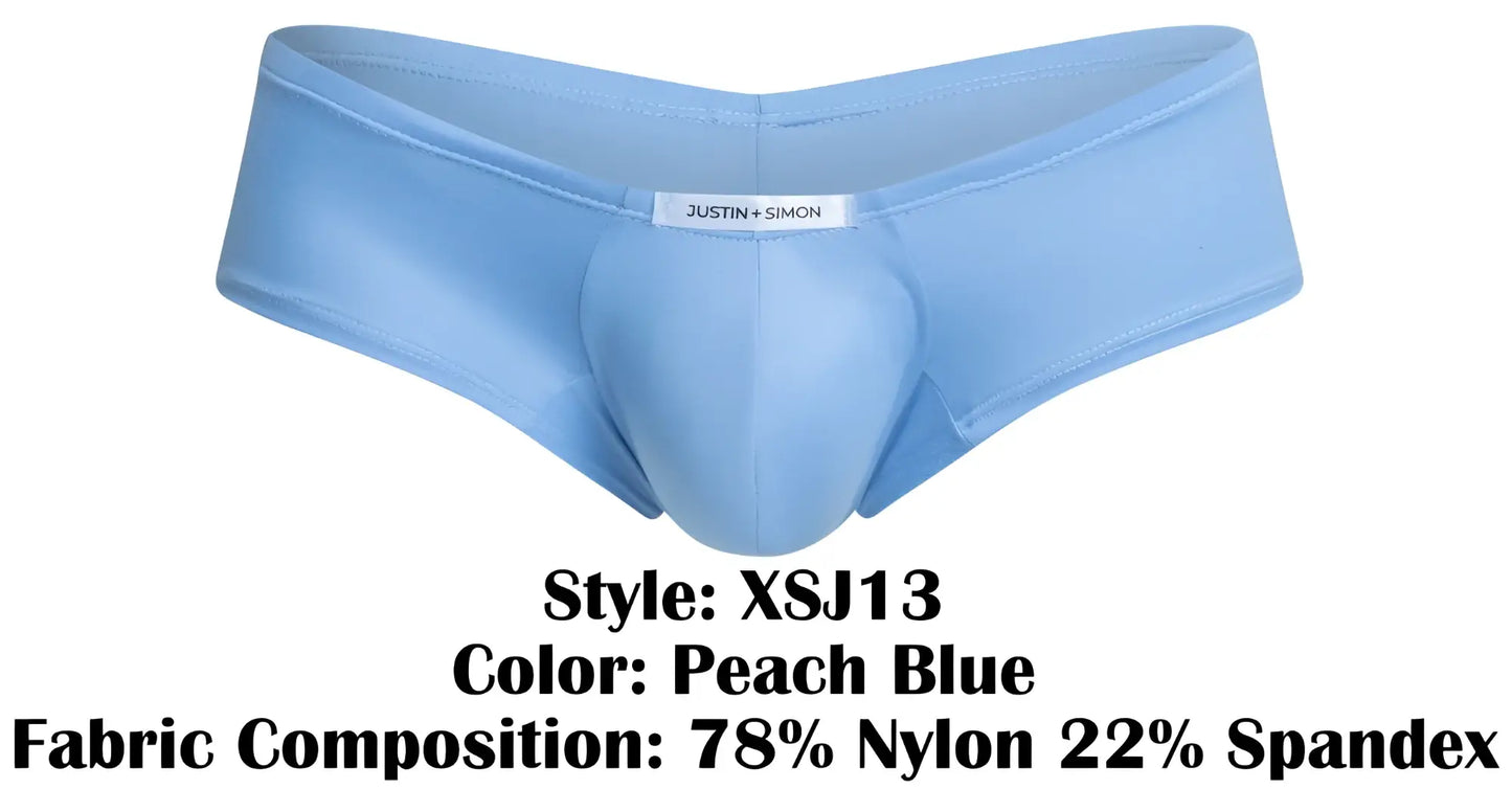 Peach blue justin + simon men’s cheeky bulge boxer briefs in stretchy nylon and spandex blend with brand label