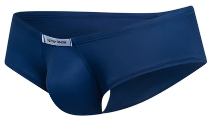 Navy blue justin simon men’s briefs with smooth form-fitting fabric and subtle waistband label from xsj13 cheeky bulge boxer line