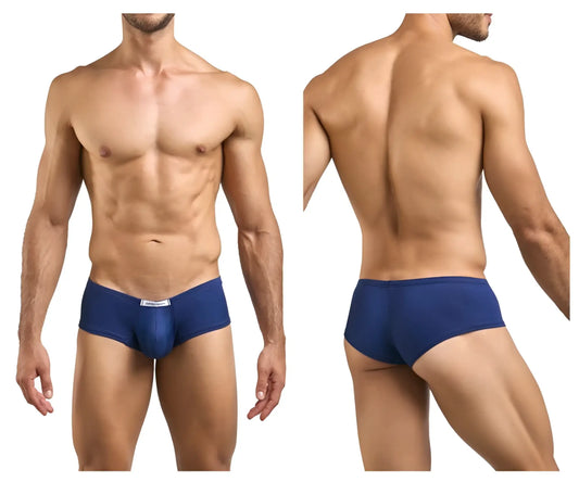 Navy blue men’s cheeky bulge briefs with a white brand tag on the waistband from JUSTIN SIMON XSJ13 collection