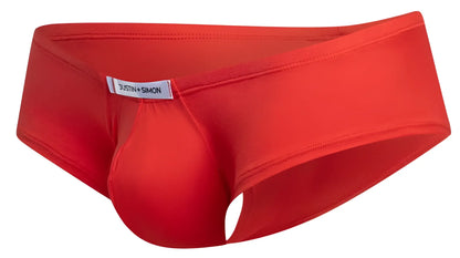 Bright red justin simon cheeky bulge boxer with form-fitting pouch and white logo label in peach red color