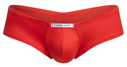 Bright red smooth men’s briefs with central pouch design and justin plus simon brand label in cheeky bulge boxer style