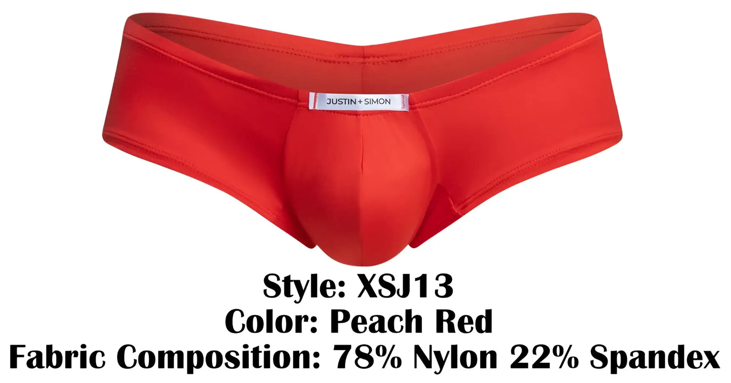 Justin simon men’s briefs in peach red made from a stretchy nylon and spandex blend for a cheeky bulge fit