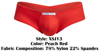 Justin simon men’s briefs in peach red made from a stretchy nylon and spandex blend for a cheeky bulge fit