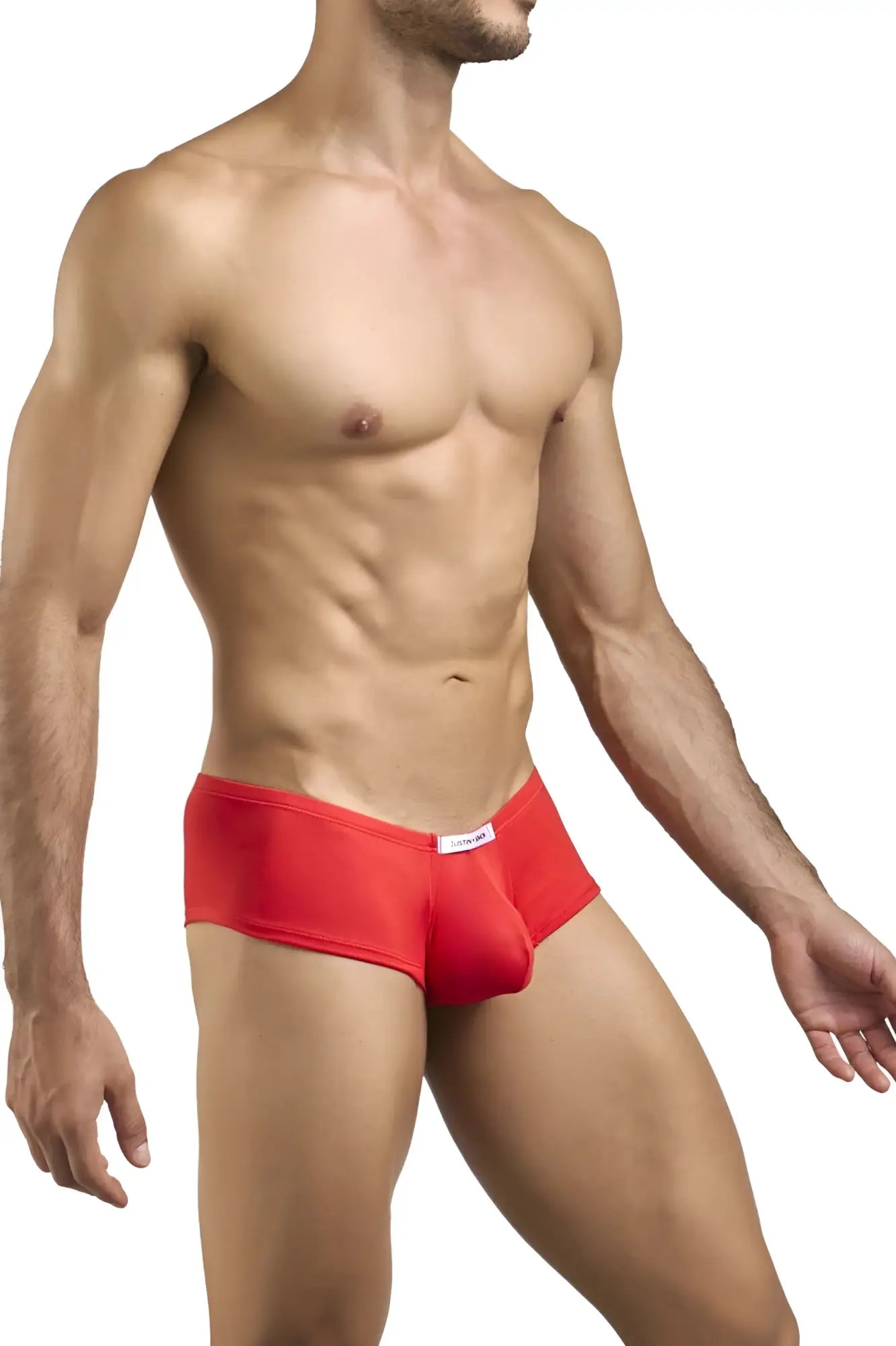 Red men’s cheeky bulge boxer by justin simon with snug fit peach red fabric and white waistband label