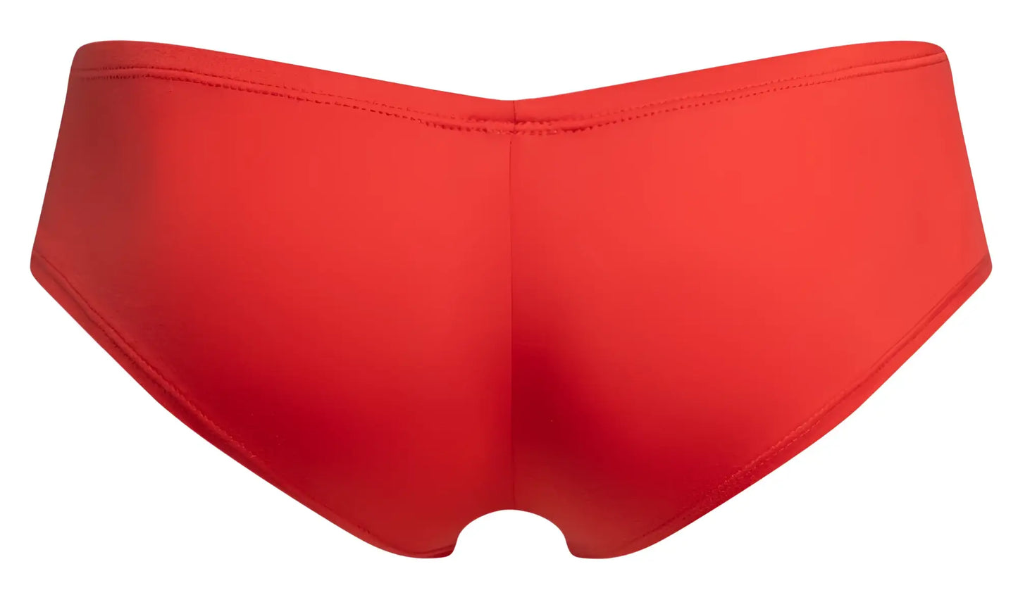 Red smooth-textured cheeky bulge boxer bottom in peach red from JUSTIN SIMON with a seamless design