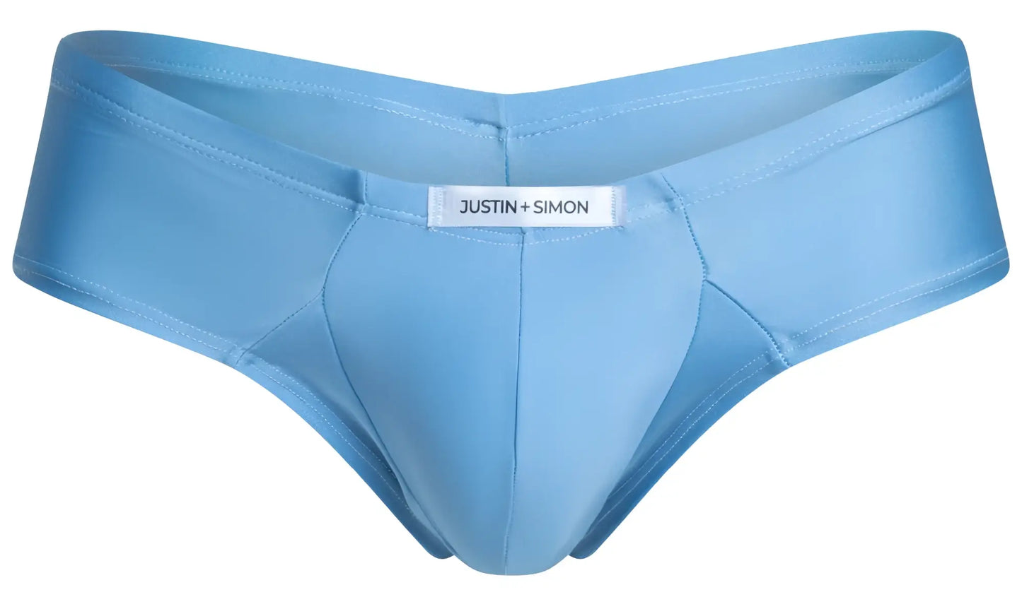 Light blue justin simon men’s briefs with smooth satin fabric and sleek contoured design cheek briefs style