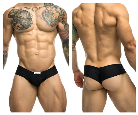 Black justin simon XSJ22 cheek briefs with white brand tag at waistband designed for athletic comfort