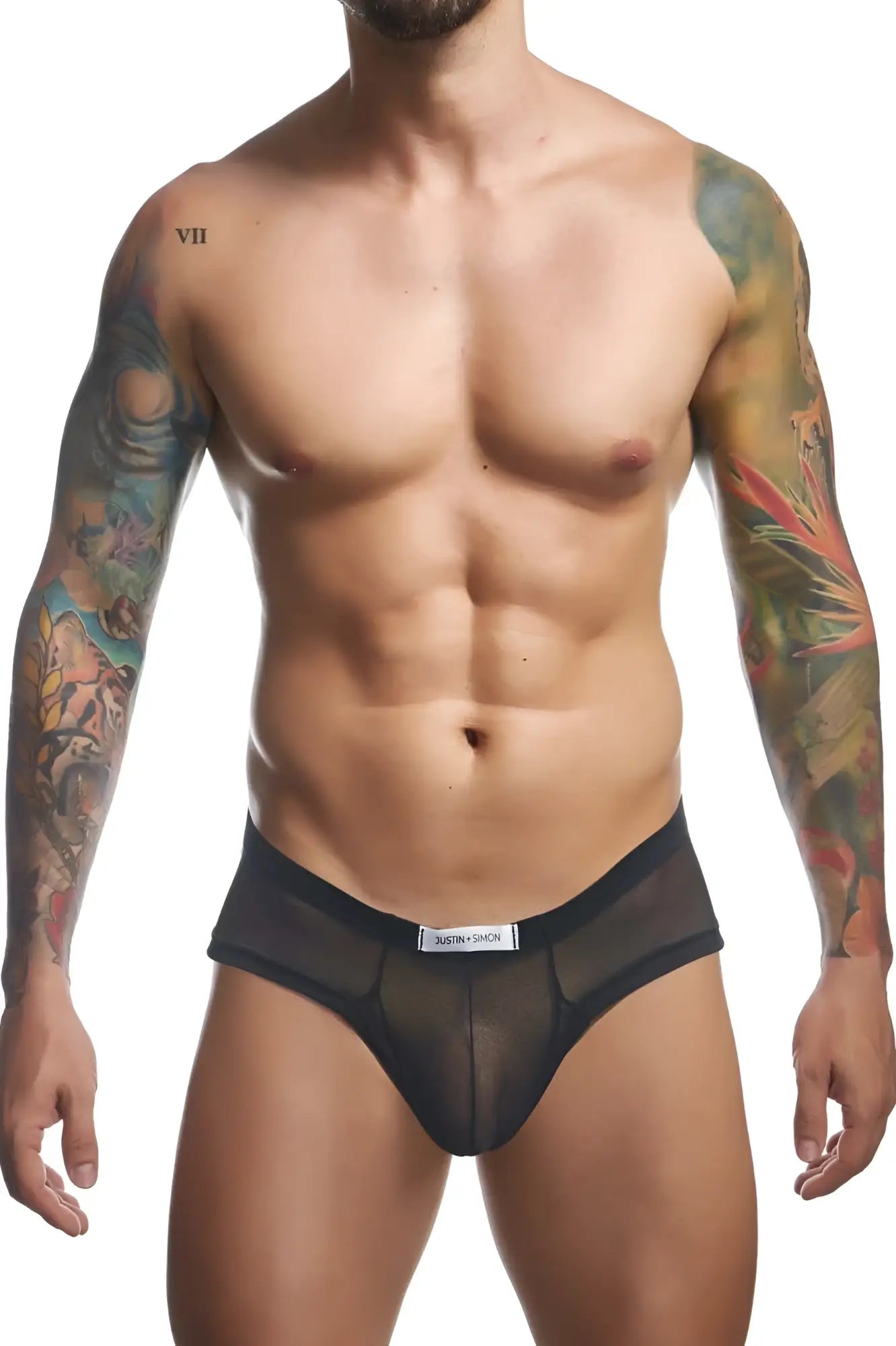 Black sheer mesh cheek briefs with black elastic waistband and justin simon white label in front view