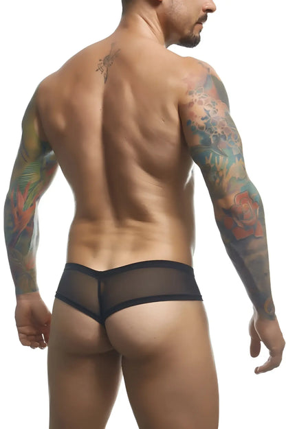 Justin simon xsj22 cheek briefs in black mesh sheer fabric with solid black waistband front view