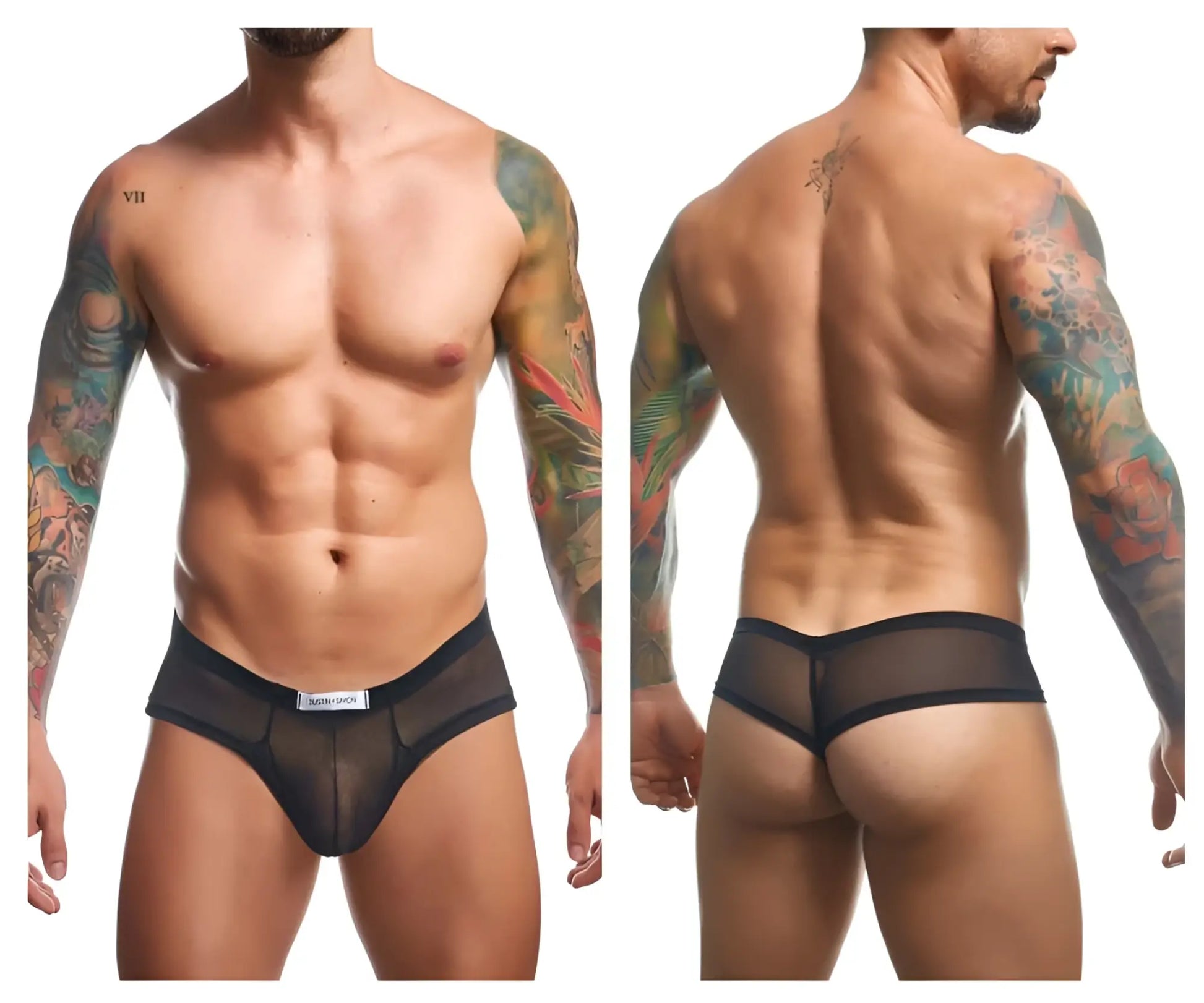 Black sheer mesh cheek briefs with solid waistband and white brand tag by Justin Simon XSJ22 in black mesh color