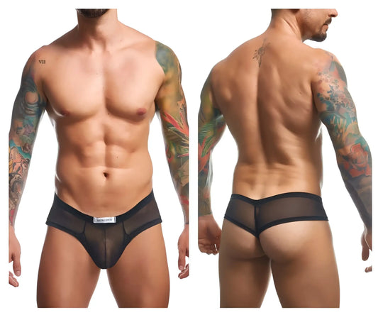 Black sheer mesh cheek briefs with solid waistband and white brand tag by Justin Simon XSJ22 in black mesh color