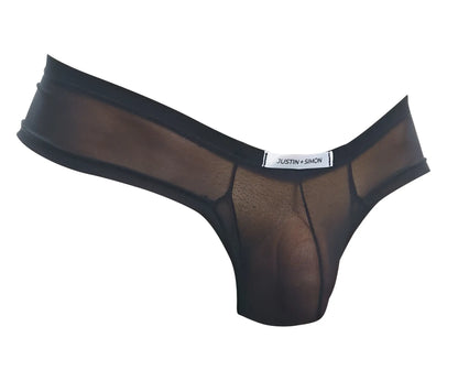 Black sheer mesh thong cheek briefs with solid waistband and justin plus simon brand label in black mesh