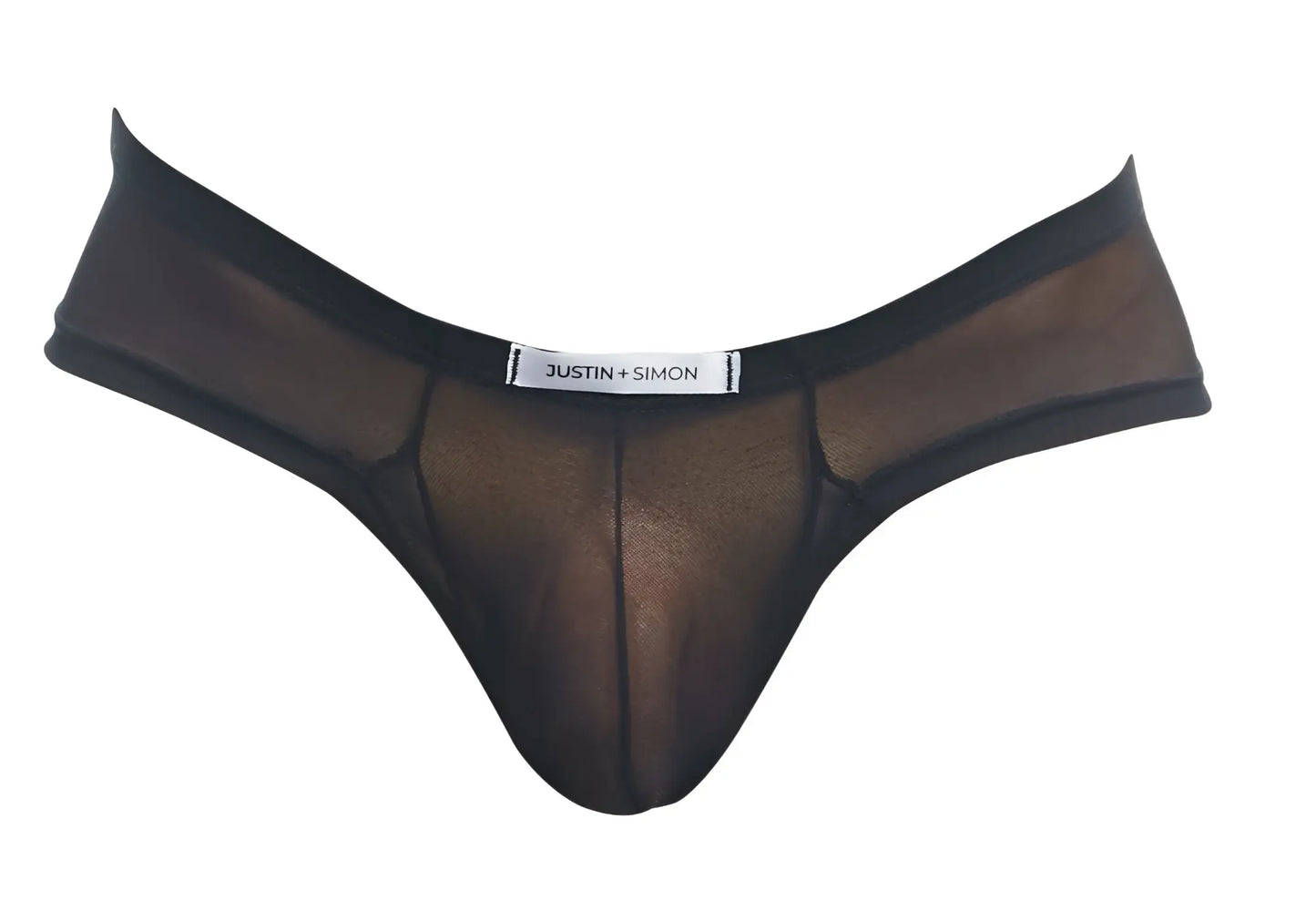 Black sheer mesh thong with solid black waistband and justin simon label in justin+simon xsj22 cheek briefs