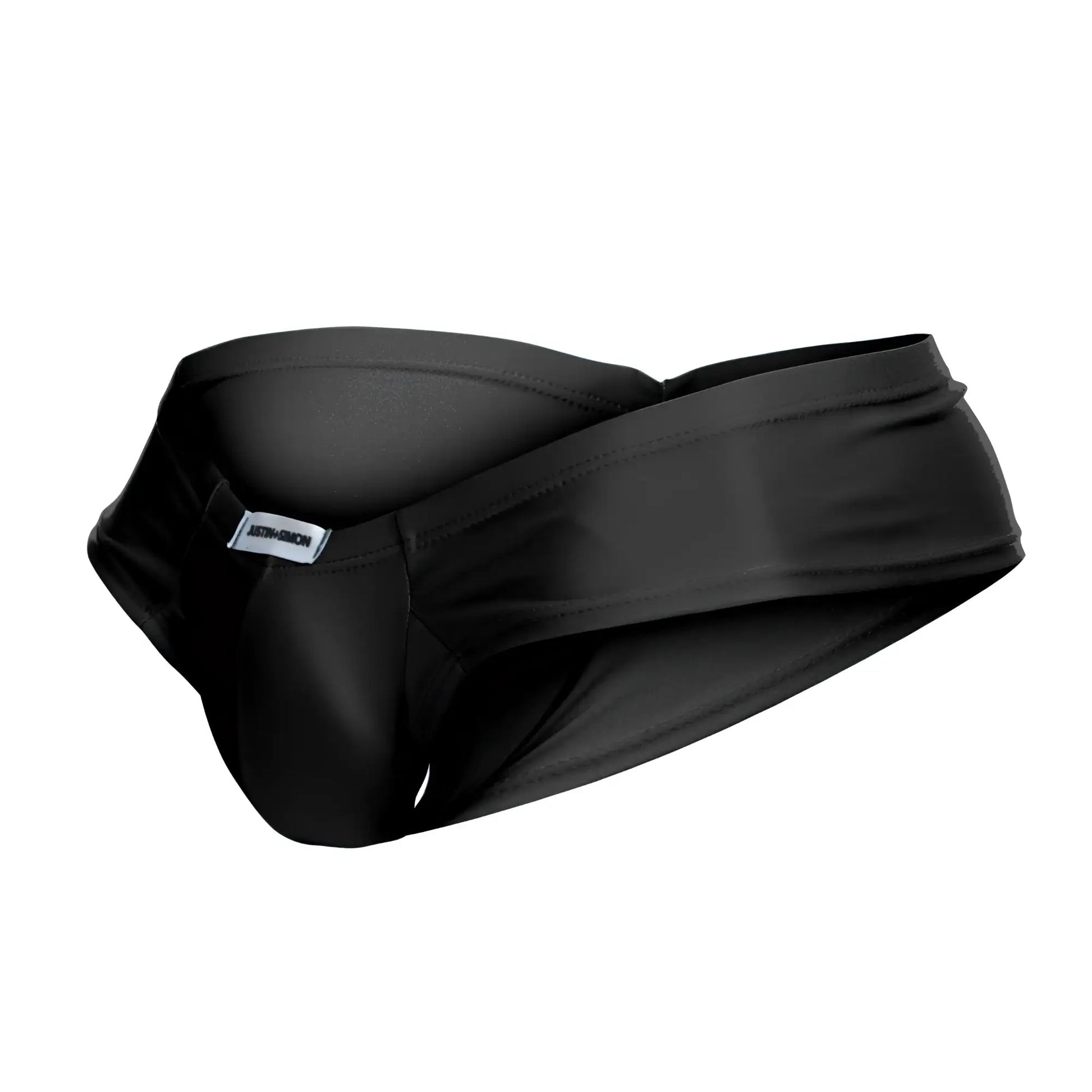 Black satin swim trunks with a sleek modern design and branded tag from Justin Simon XSJ22 cheek briefs color black