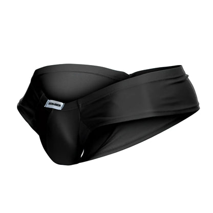 Black satin swim trunks with a sleek modern design and branded tag from Justin Simon XSJ22 cheek briefs color black
