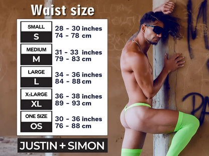 Neon green high-waisted cheek briefs with matching thigh-high stockings from justin simon in coquette color