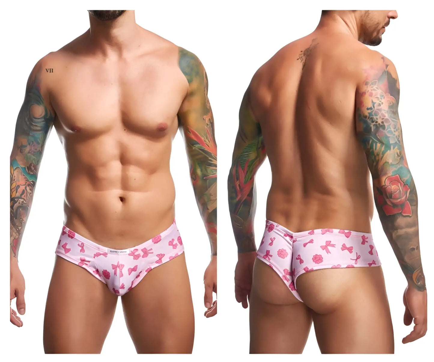 Justin+Simon XSJ22 cheek briefs in pink with bow pattern designed for men in a comfortable stretch fabric