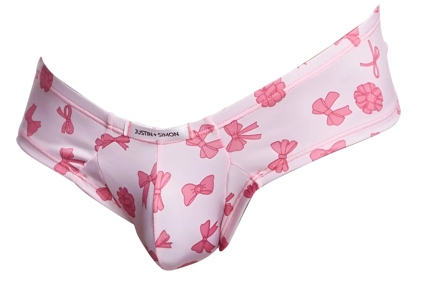 Pink bow-patterned women’s cheek briefs by justin simon in coquette color suitable for everyday wear
