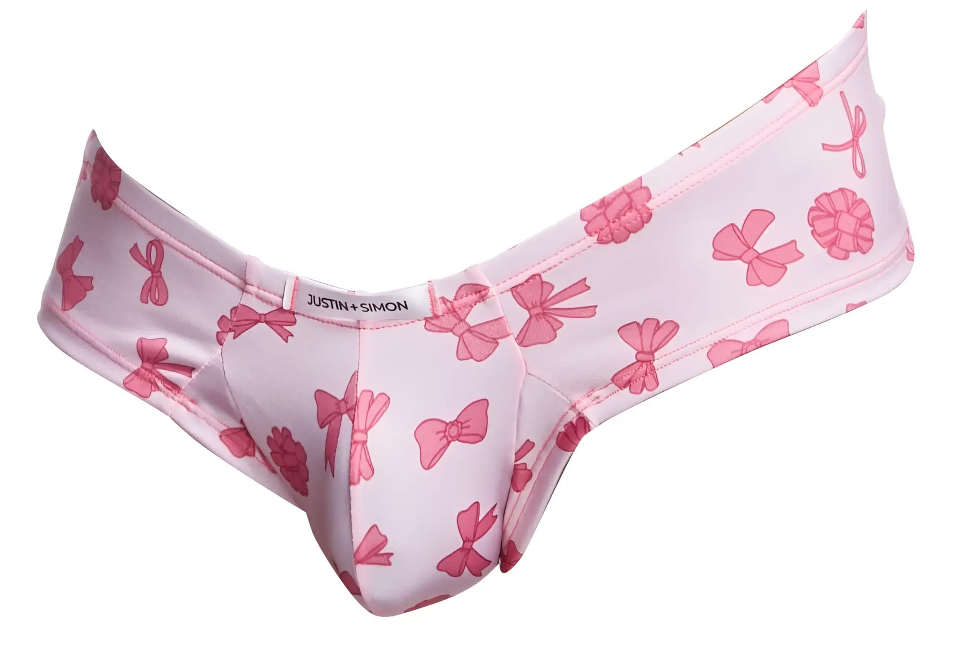 Pink bow-patterned women’s cheek briefs by justin simon in coquette color suitable for everyday wear