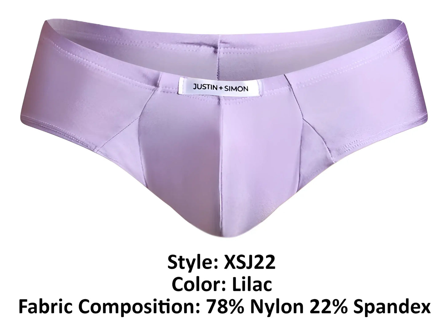 Lilac justin simon men’s cheek briefs made of 78 nylon 22 spandex showing front and back sides