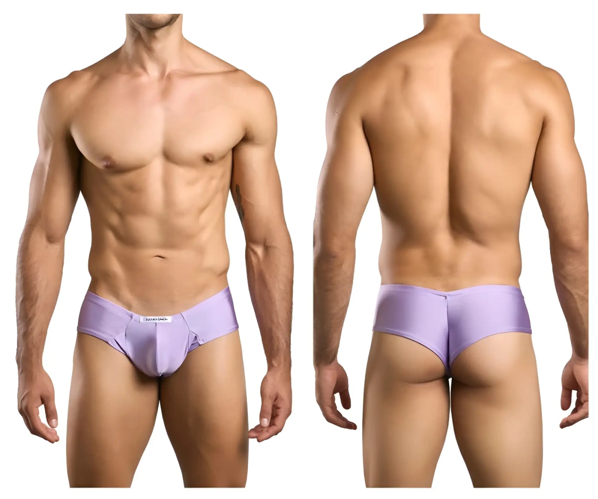 Lavender-colored smooth-textured men’s briefs with subtle brand tag at waistband justin+simon xsj22 cheek briefs