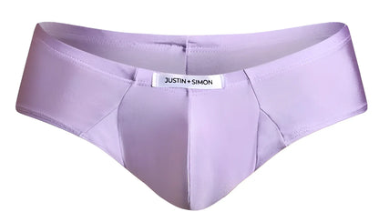 Lavender satin briefs by justin plus simon xsj22 cheek briefs in lilac color showing front detail