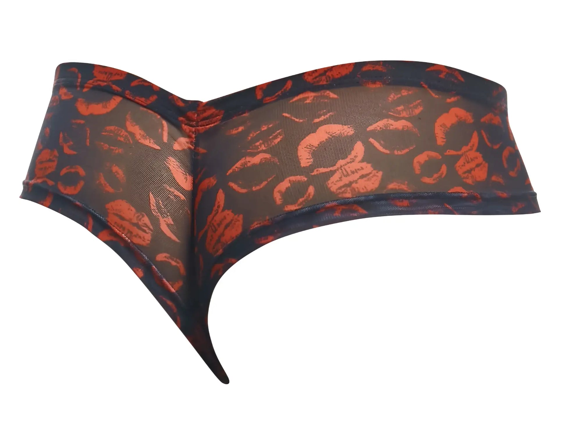 Justin Simon XSJ22 cheek briefs sheer thong with black and orange lipstick print for a bold stylish look