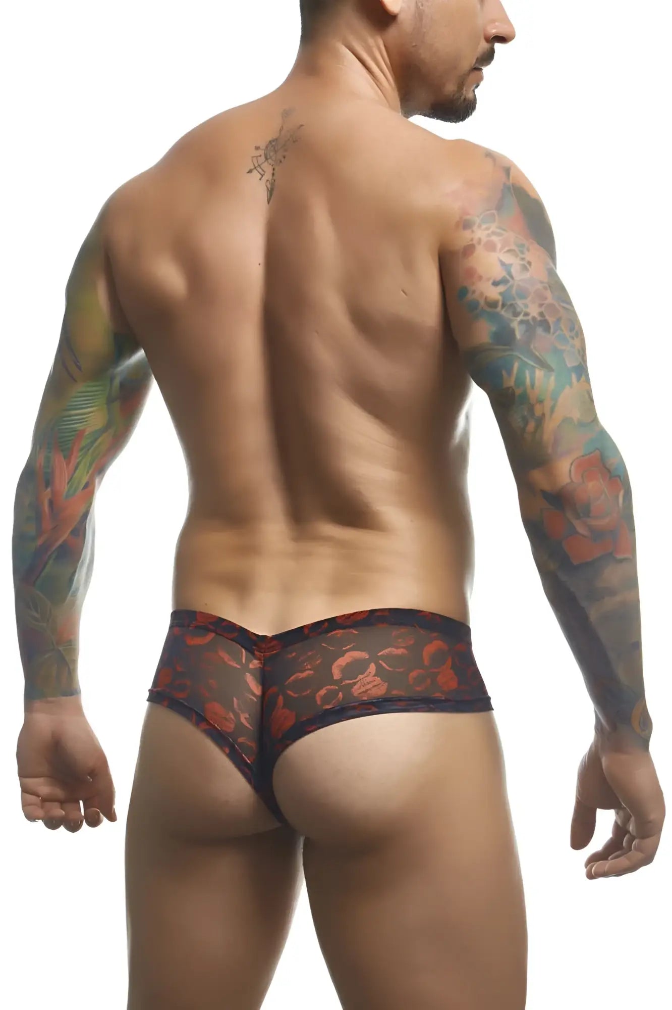 Justin+Simon XSJ22 cheek briefs in black and red floral sheer fabric for men with lips color pattern