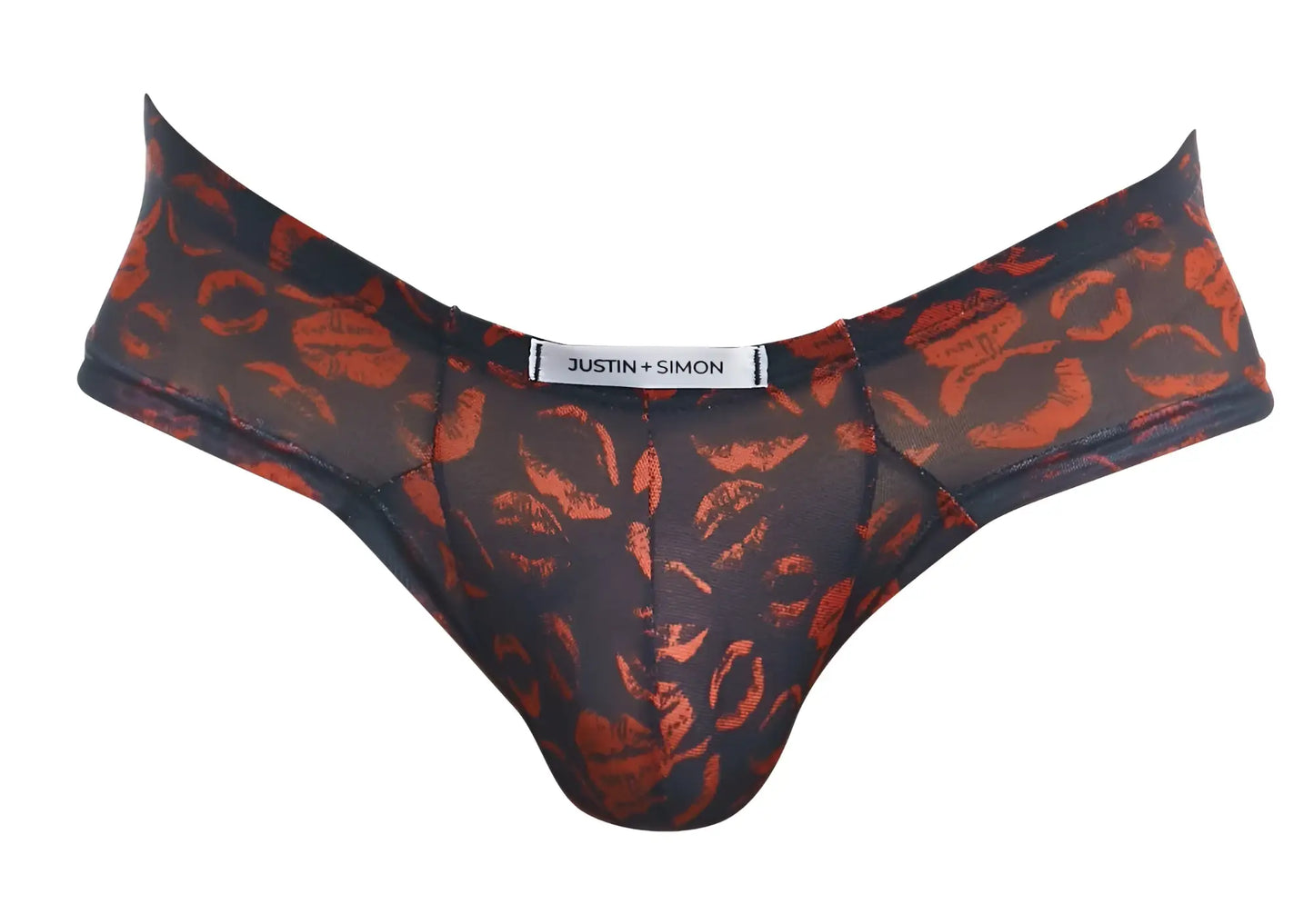 Black sheer thong with bold orange lipstick print and justin simon label from justin simon xsj22 cheek briefs color lips