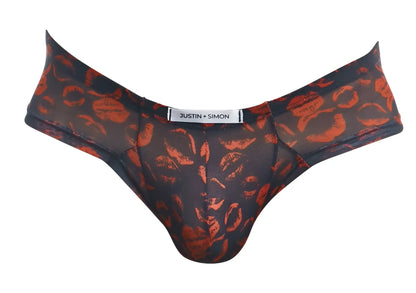 Black sheer thong with bold orange lipstick print and justin simon label from justin simon xsj22 cheek briefs color lips