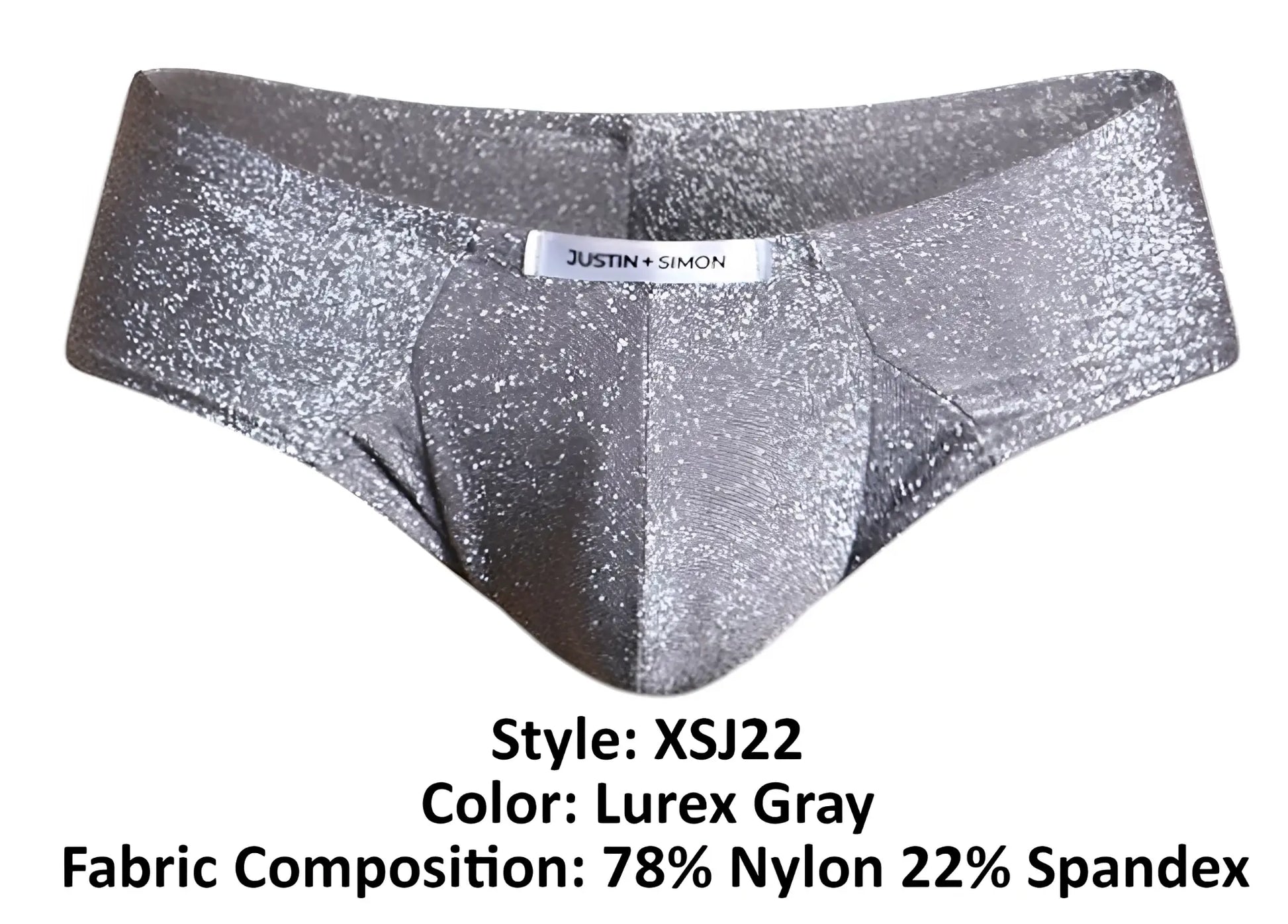Shiny silver glittery lurex gray cheek briefs by justin simon style xsj22 front view