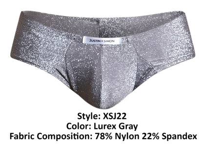 Shiny silver glittery lurex gray cheek briefs by justin simon style xsj22 front view