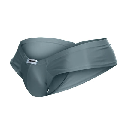 Gray smooth-textured men’s briefs with sleek modern design and small white waistband label in metal green color