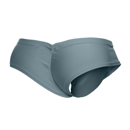 JustinSimon XSJ22 metal green cheek briefs with sleek solid gray stretch fabric and contoured swim brief design