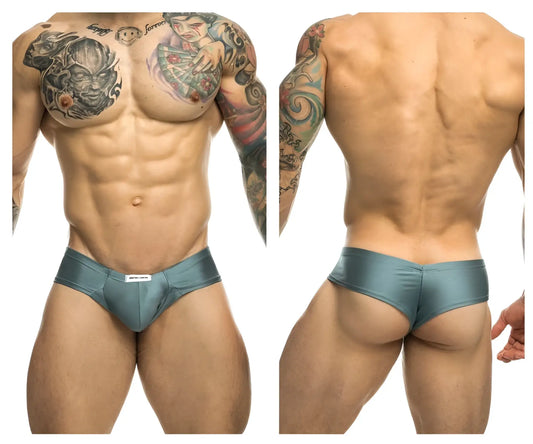 Teal metallic cheek briefs with a white logo at front by Justin+Simon in metal green color