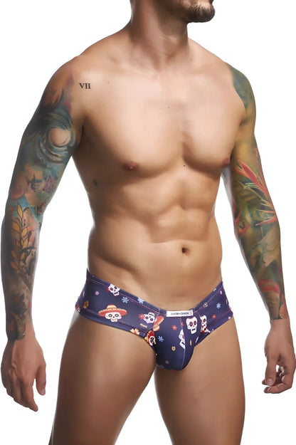 Dark blue calvin klein justin simon xsj22 cheek briefs with colorful skulls wearing hats and festive decorations pattern