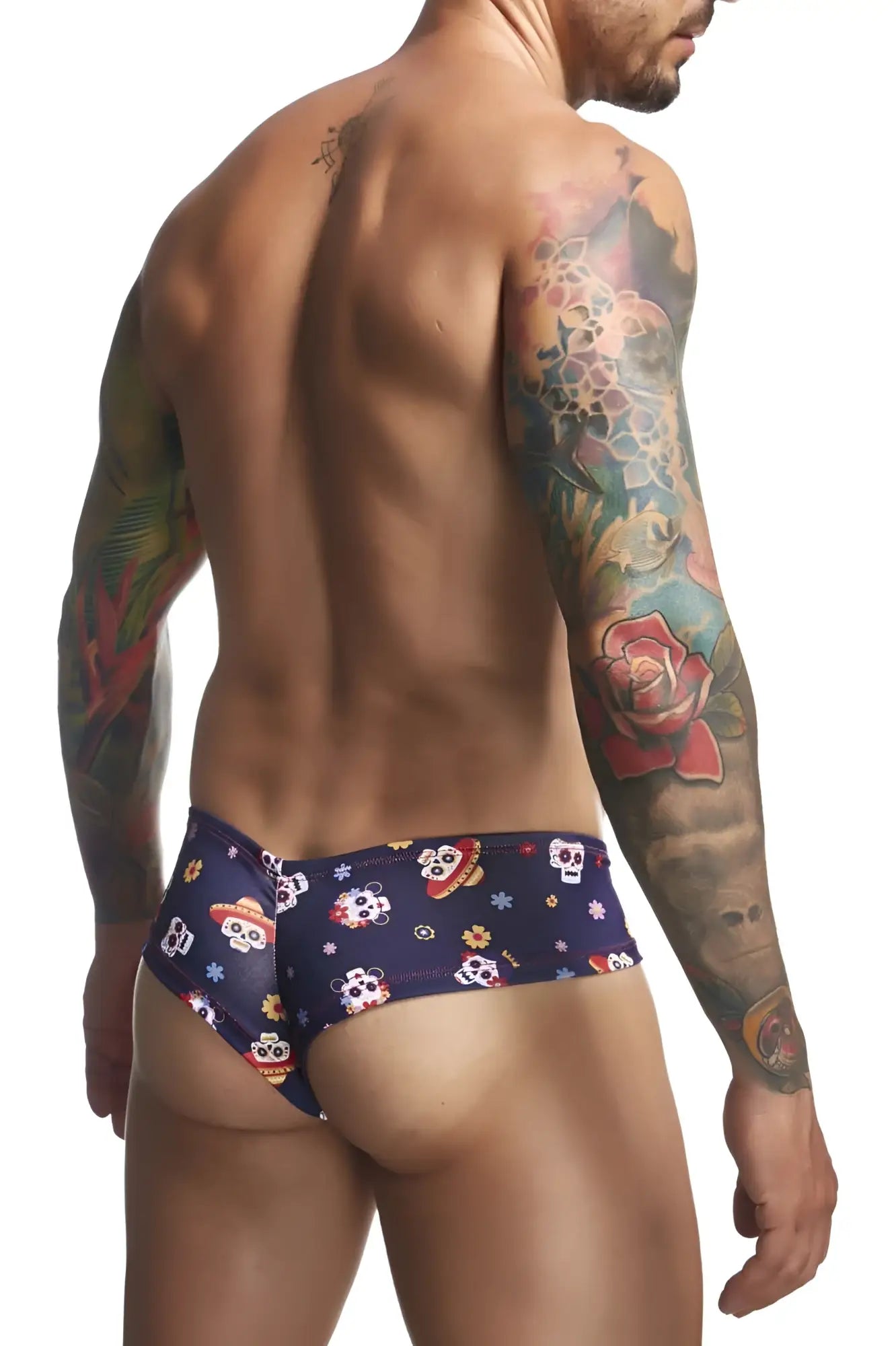 Dark blue justin simon XSJ22 cheek briefs with playful sugar skull and sombrero pattern in mexico color design