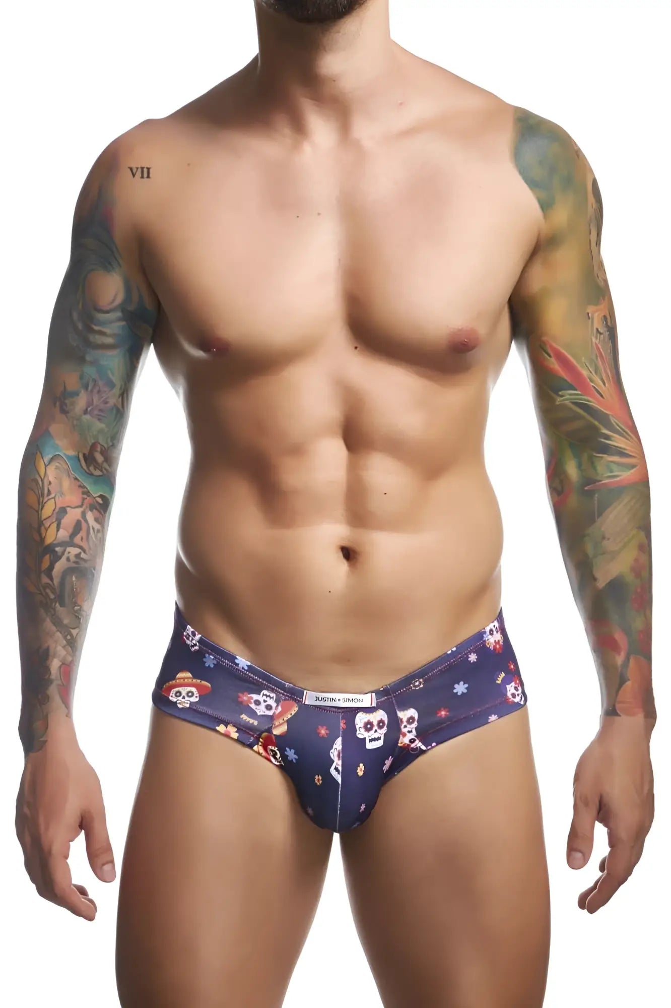Dark blue justin simon xsj22 cheek briefs with vibrant sugar skull and floral pattern in mexico color style