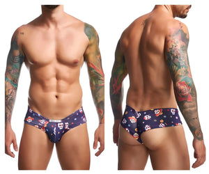 Dark blue justin simon xsj22 cheek briefs featuring colorful sugar skull pattern in mexico design