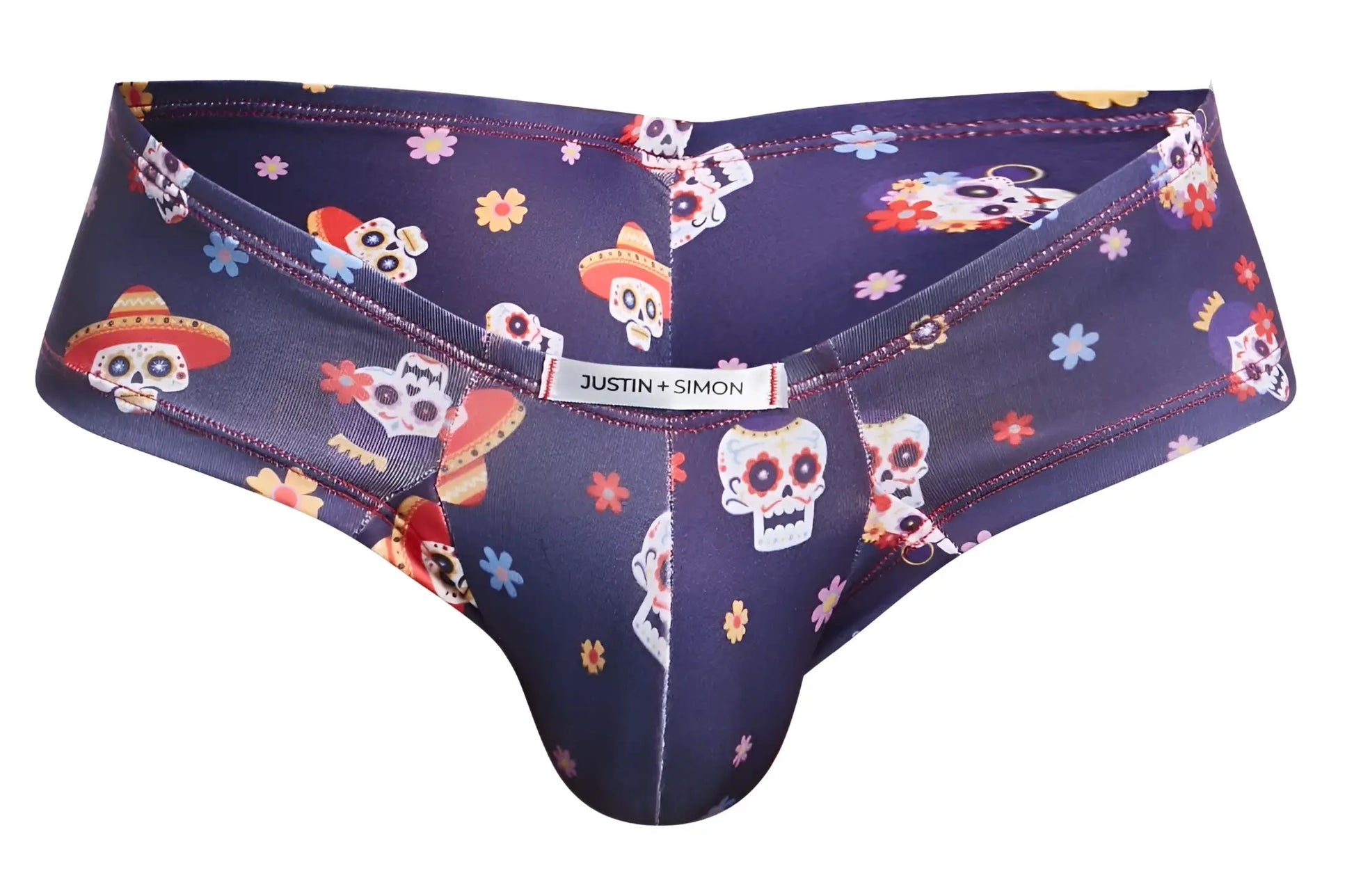 Dark blue justin simon xsj22 cheek briefs with vibrant sugar skull and sombrero floral pattern color mexico