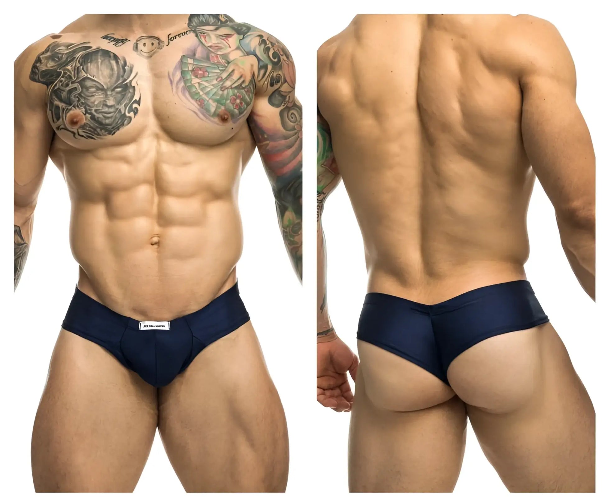 Navy blue justin simon xsj22 cheek briefs with a subtle white brand tag at the waistband, designed for comfort
