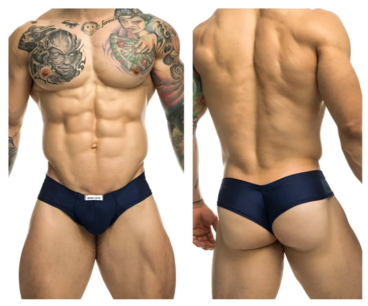 Navy blue justin simon xsj22 cheek briefs with a subtle white brand tag at the waistband, designed for comfort