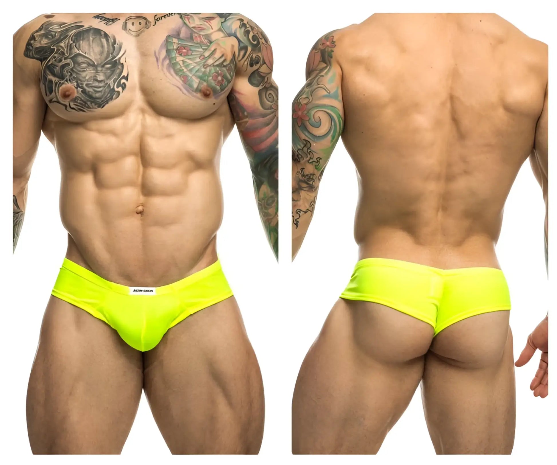 Justin+Simon XSJ22 neon green cheek briefs with bright neon yellow snug form-fitting design and white brand tag at waistband